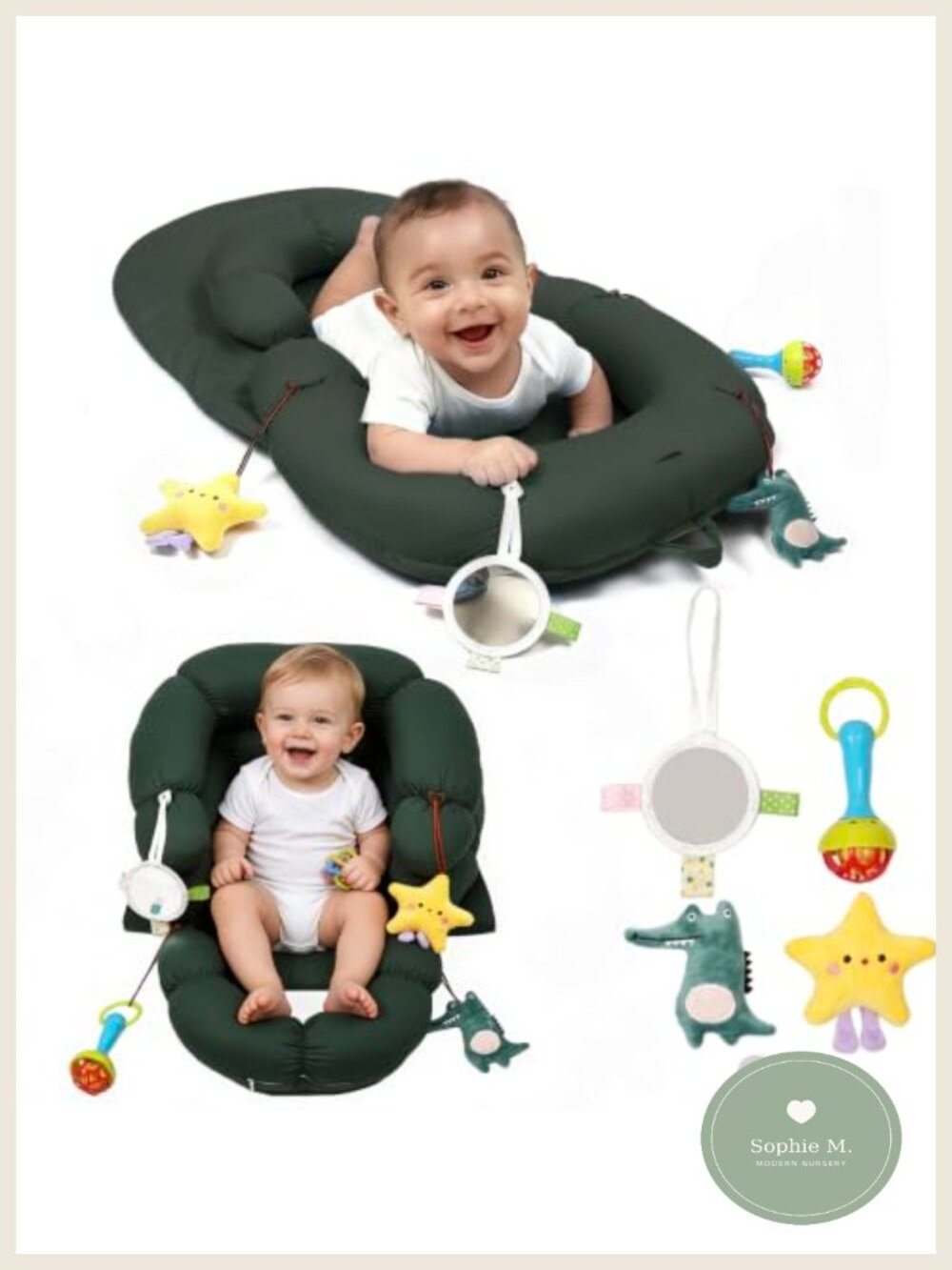 2-in-1 Baby Tummy Time Mat & Seated Support Cushion with Teether & Crinkle Paper